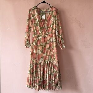 Floral Pleated Midi Dress in Blush Pink and Olive